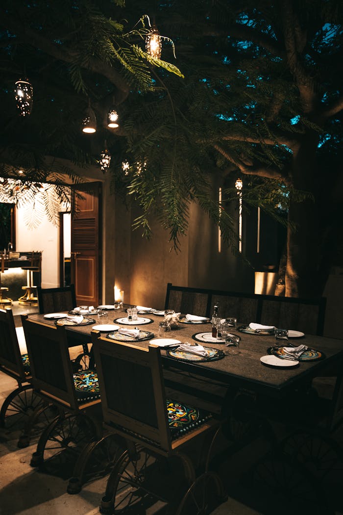services-04 A beautifully set outdoor dinner table surrounded by warm, ambient lighting under a tree.