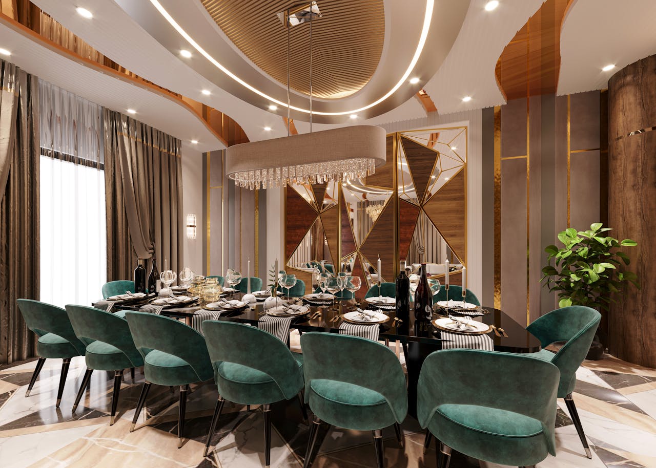 A luxurious dining room featuring contemporary decor, elegant seating, and a sophisticated atmosphere.